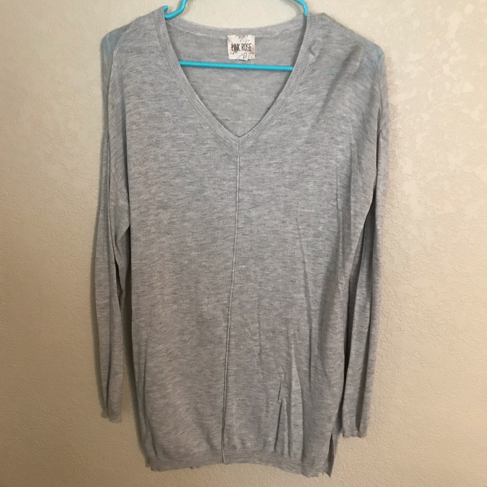 Pink rose long grey sweater